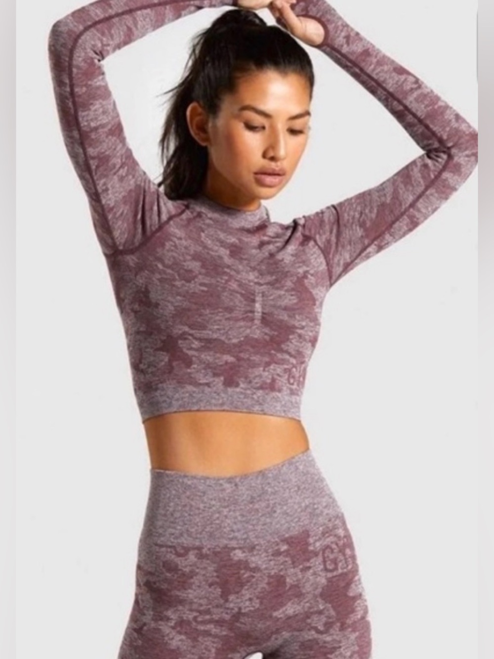 Gymshark mauve‎ pink camo cropped long sleeve top.